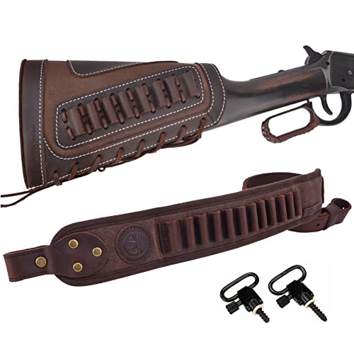 1 Set of Gun Buttstock Cheek Rest Pad with Sling for .357, .30-30, .38 .32Win Spcl.32-40. (Coffee-Canvas & Leather)