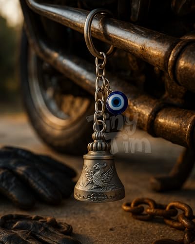 Image of Tiny Tim Guardian Bell with Evil Eye Charm - Protective Motorcycle & Car Accessory - Tibetan-Inspired Design - Wards Off Negative Energy - Ideal Gift for Bikers & Travelers