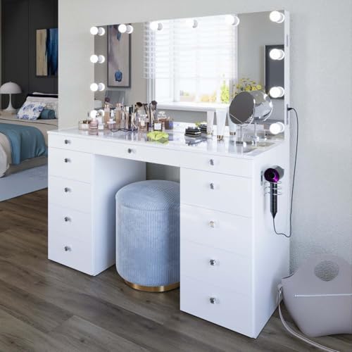 Boahaus Orla Modern Makeup Vanity Desk with Built-in Light Bulbs, USB Port, Power Outlet, 11 Drawers, Hollywood Vanity Mirror, Glam Glass Top, White/Crystal