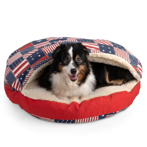 Image of Snoozer Cozy Cave Dog Bed, Round Covered Dog Bed, Starpatch Red Diamond (L)