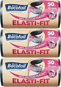 Bacofoil 3 x Elasti-fit Bin Liners 50L Kitchen Bins 10 Bags on a Roll Total 30 Bags…