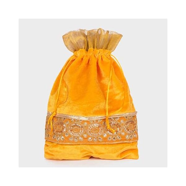 Meher Collection Women's Velvet Traditional Potli Bags for Return Gifts Wedding Gift for mom Potli Purse Gift Bags Fancy Potli bag Diwali Potli Karwachauth Potli - 17x23cm accommodate upto 500gms- Medium (Pack of 1, Yellow) - Image 5