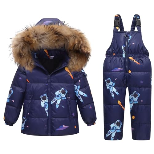 Niño Niña Conjunto de Esquí, Chaqueta con Capucha + Pantalón de Esquí Impermeable Traje de Nieve 2 Piezas Traje de Esquí Abrigos de Pluma Pantalones de nieve de Babero, Azul Oscuro 3-4 Años