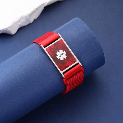 Customizable Medical ID Bracelets for Women & Men, Elastic Medical Alert Bracelets with Free Engraving, Stainless Steel ID Tag Inlaid with Shells & Acrylic Plate, 5.5-8.5 Inches Adjustable4