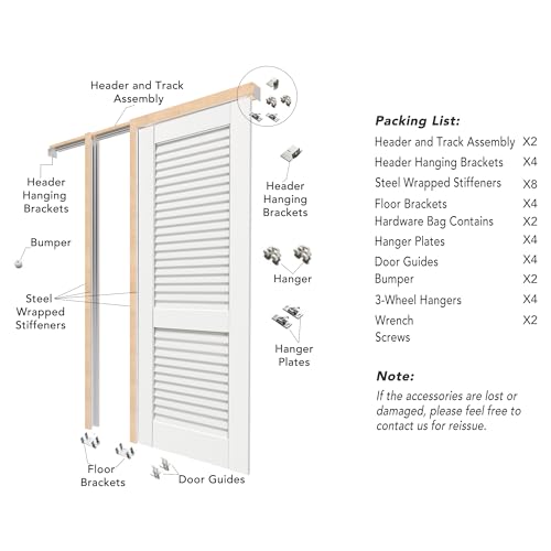 Image of 60 inch x 80 inch Sliding Pocket Door, Louvered Pantry Doors with Frame and Hardware Kit, Interior Door, White Primer Closet Doors - No Panel Assembly Required
