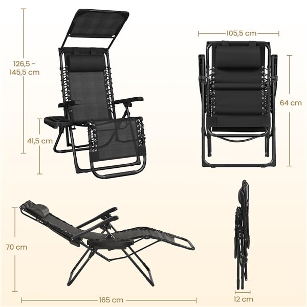 Yaheetech Chaise Longue avec Pare Soleil Bain de Soleil Pliable, avec Pare Soleil & Appuie-tête, Chaise Longue inclinable Transat de Plage Relax Camping Salon de Jardin Exterieur, Gris (1, Noir)