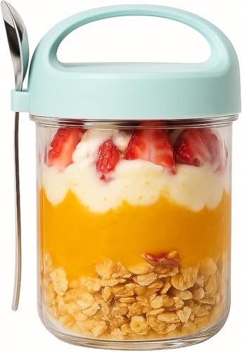 Image of Zephorus Overnight Oats Glass Jar with Lid and Spoon Portable Mason Oatmeal Container Breakfast Cup | Large Kitchen Storage for Healthy - Fruit, Milk, Salad, Nuts, Yogurt (Multicolor, pack of 1)