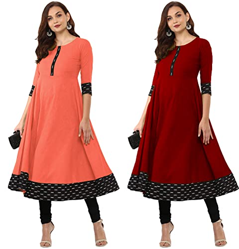 Image of NATEK Cotton Anarkali Printed Border Kurtis for Women Combo Pack of 2