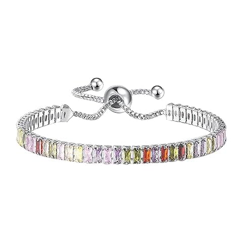 HSQYJ Rainbow Cubic Zirconia Bracelet Adjustable Tennis Bracelets for Women 14K Rose Gold/Silver Plated Hypoallergenic Slider Bracelet Fashion Jewelry Gift (Style 2) Cover