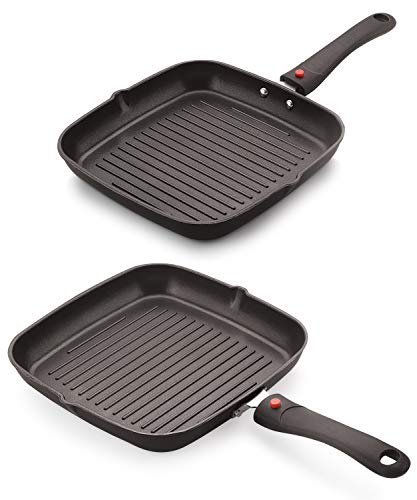 Celebrino 2 Pieces Grill Pan Set ,Removable Heat-Resistant Strong Handle, Heavy Guage Aluminum Cookware for Induction/Electric/Ceramic/Gas Stove Tops, 3-Layer Nonstick Coatings, Black