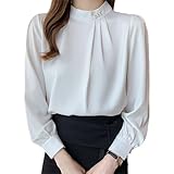 [Lalapala] シャツ ブラウス レディース 長袖 パール 立ち襟 ギャリー トップス 大人 可愛い 上品 エレガント ゆったり 体型カバー おしゃれ 着回し ファション オフィス カジュアル フォマール デート 通勤 秋冬 (M, ホワイト)