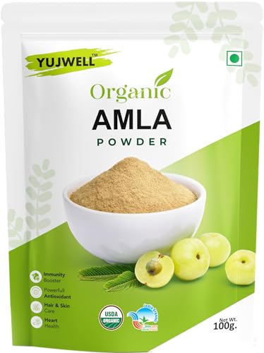 YUJWELL Certified Organic Amla Powder 100g | Natural Superfood | Vitamin C & Antioxidant Rich | Supports Immunity, Hair, Skin, Gut & Heart Health | Ideal For Hair & Face Mask | USDA & India Organic Certified