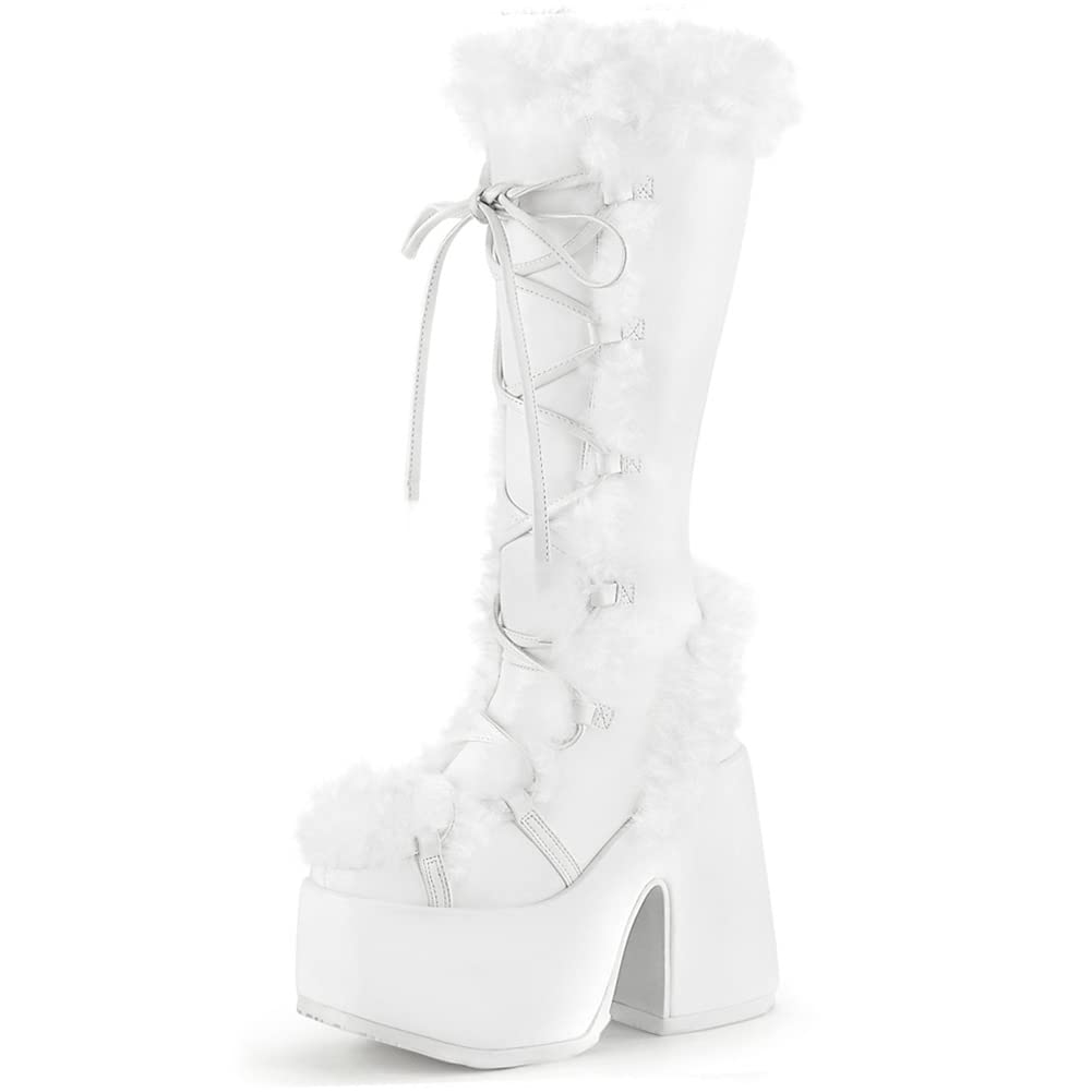 VIMISAOI Womens Mid Calf Boots, Lace Up Zip Block Chunky High Heel Punk  Goth Warm Fur Winter Snow Platform Boots