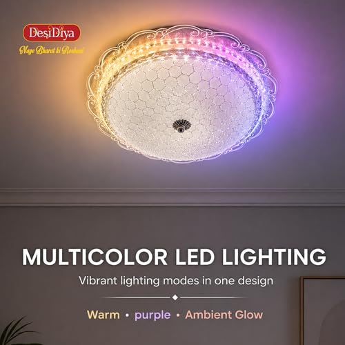 Image of Desidiya LED Modern Round Chandelier for Living Room Ceiling Crystal Ceiling Light Lamp | Jhummar Lighting for Bedroom, Pendant Lighting for Hall, Living & Dining, Multicolour (300MM)