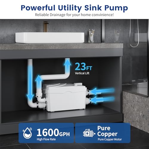 Image of Utility Sink Pump, 1600 GPH Drain System 500W Under-Basin Gray Water Unit for Kitchen & Garage Sink, 23 FT Lift Sink Pump with Check Valve & Odor Filter