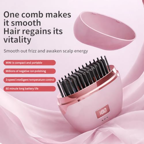 Image of VONT Mini Hair Straightener,Cordless&Rechargeable Portable Hair Straightener Brush with 3 Temperature Setting,Portable Electric Hair Brush 30s Heating,Mini Straightening Brush for Home & Travel (pink)