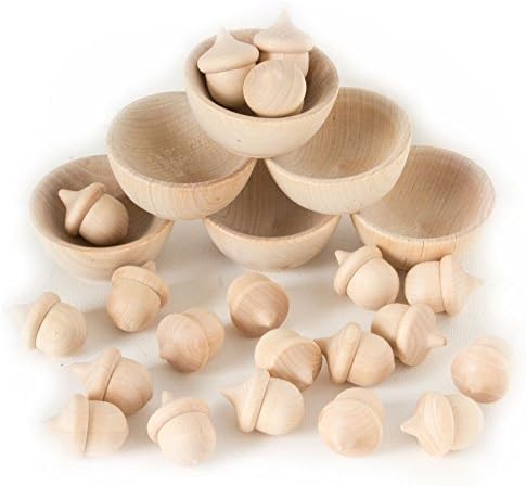 Wooden Acorns Counting & Sorting Kit - Unfinished Wood Set of 20 Acorns and 6 Bowls