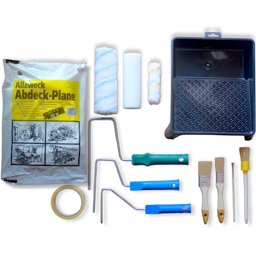 DERPOL - Set de pinceaux de peinture murale avec trois rouleaux en éponge (Moltopren) et polaire, quatre pinceaux, bac d'égouttement professionnel, ruban en papier de masquage de 25 m et bâche en