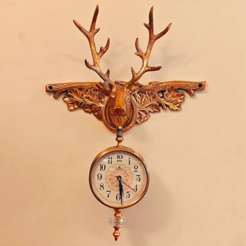 Image of Vintage Deer Head Wall Clock with Antler Design, Antique Brass Finish, Decorative Hanging Clock, Rustic Woodland Theme (Golden)