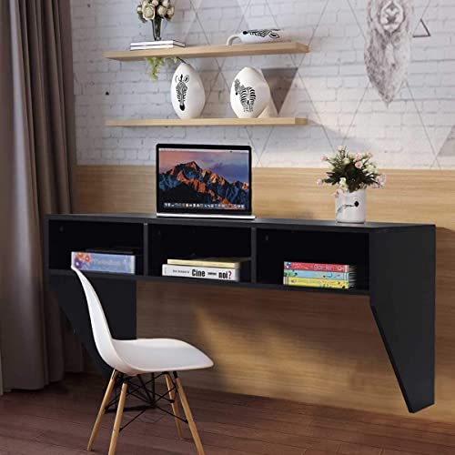 Giantex Wall Mounted Desk Floating Computer Desk, Writing Study Table W/3 Storage Shelves, Laptop Pc Table For Living Room, Bedroom, Office (Black) #TOP2