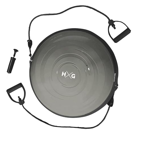 HxG. Balance Trainer Fitball con inflador y gomas, plataforma de equilibro de 58cm antideslizante, perfecta para tu entrenamiento, semiesfera de Ejercicios de Yoga, Pilates y Fitness. (Gris)