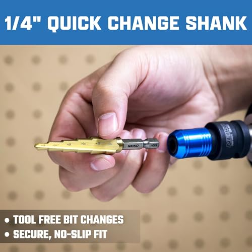 Image of NEIKO 10607A Step Drill Bit, 9 Steps 1 /4 inch to 3 /4 inch Straight High Speed Steel, Titanium Nitride Coated, 1 /4 inch Quick Change Step Bits for Steel, Metal, Wood, Plastic, Unibit Cone Drill Bits, Two Flute
