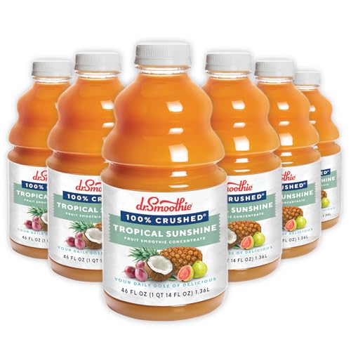 Dr. Smoothie 100% Crushed Tropical Sunshine – No Added Sugar, Made with Real Fruits/Fruit Juice – Vegan, No Artificial Colors or Flavors – Guava, Pineapple, Passion Fruit & Bananas – Six 46 oz Bottles