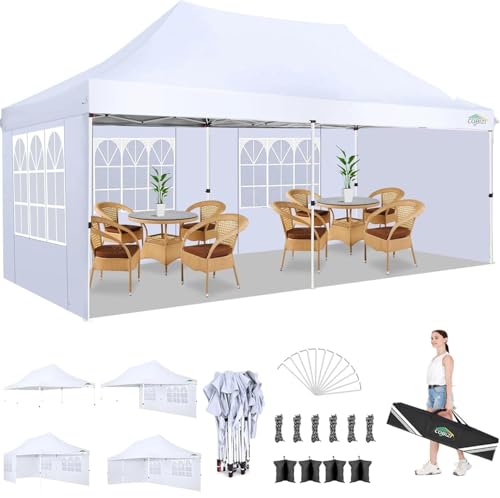 Image of COBIZI 10x20 Pop Up Canopy with 4 Sidewalls, Conical Party Tent 10x20 with 3 Adjustable Height Waterproof, UV-Resistant with Carry Bag, Sandbag, Stake, Ropes for Parties, Commercial (Frame Upgraded)