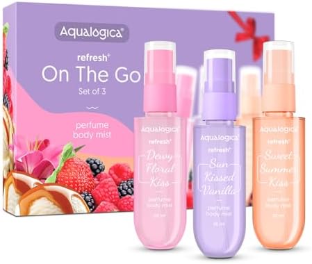 Aqualogica Refresh+On the Go Set of 3 Perfume Body Mist|Travel Friendly|Long Lasting|Warm,Sweet & Floral Fragrance|Double Duty Mist for Hair & Body|Premium Gift Pack|For Unisex-Adult|20 ml x 3