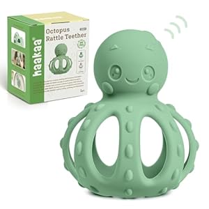 haakaa 2-in-1 Baby Teething Toy,Octopus Teether with Gentle Rattle,Soft Textured Teether for Sore Gums,Easy to Grasp Sensory Toy for Babies 3M+,Pea Green