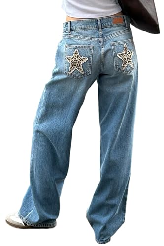 Leopard Print Jeans Y2K Jeans Cheetah Print Pants Vintage Star Pants Wide Leg High Waisted Jeans Denim Pants