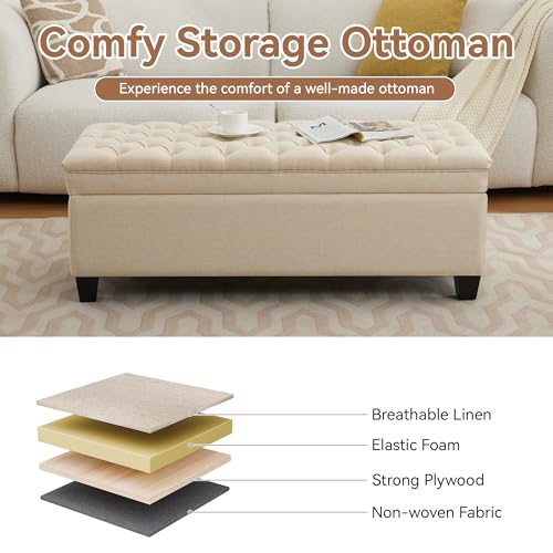 Image of WUTUTUEE 50 inch Fabric Storage Ottoman Bench, Upholstered Rectangle End of Bed Storage Ottoman Tufted Living Room Bedroom Bench with Safety Hinge, Solid Wood Legs, Loads 500 lb(Khaki)
