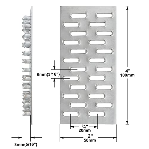 TSSS 20 Stück Flachreparaturplatten 100x50 mm, verzinkter Stahl, gezackt, Reparaturblech mit Nagelzähnen 8 mm, Stärke 1 mm – Verbindungsklammern für Holz, Möbelbau, Innenausbau