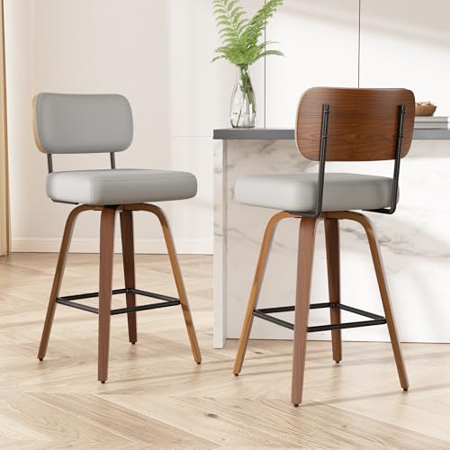 Image of Swivel Bar Stools Set of 2, 26 inch Upholstered Faux Leather Counter Height Barstools with Walnut Back & Bentwood Legs, Mid Century Modern Bar Chairs Island Stools for Kitchen Counter, Light Grey