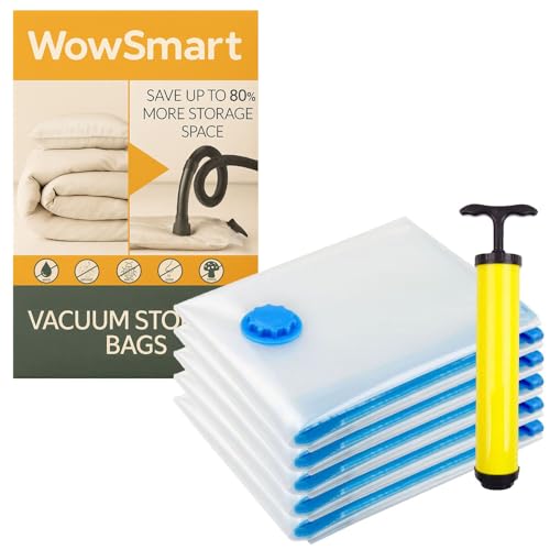 Image of WOWSMART vacuum bags for clothes with pump, 5 pack space saver bags with pump, space saving self compression organizer for clothes, blankets, comforters, sweaters, jackets and travelling