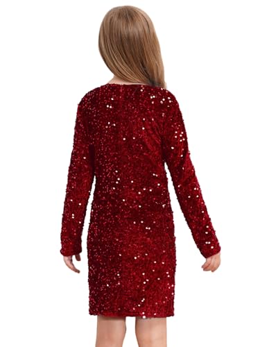 YEAHDOR Kids Girl's Sequin Bodycon Short Dress Long Sleeve Formal Party Ruched Princess Fancy Mini Dress2