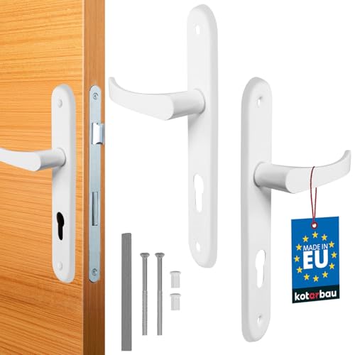 KOTARBAU® Juego de manillas para puerta, Manilla de cilindro de perfil, 72 mm, Manillas de aluminio - blanco, 2 Manetas, Manijas de placa larga, Diseño clásico, Kit de montaje incluido, Picaportes