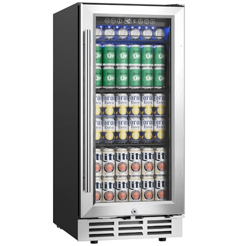 EUHOMY 15 Inch Beverage Refrigerator Cooler Under Counter 127 Cans Beverage Fridge Built-in or Freestanding with Glass Door, LED Light, Beer Fridge for Soda, Water, Wine - Home Kitchen Bar.