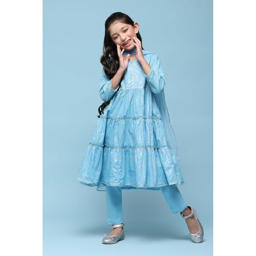 Image of BIBA Girls Biba Girls Sky Blue Cotton Tiered Printed 2 Piece Set