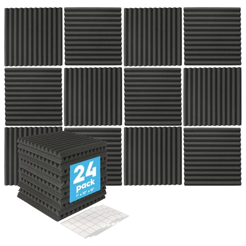 Harbour Housewares 24x Acoustic Panels with Double Sided Tape - 2.5 x 30 x 30cm (1 x 12 x 12) - Adhesive Noise Dampening Studio Foam Sound Proof Tile Gaming Soundproofing Music Noise Panel Pad
