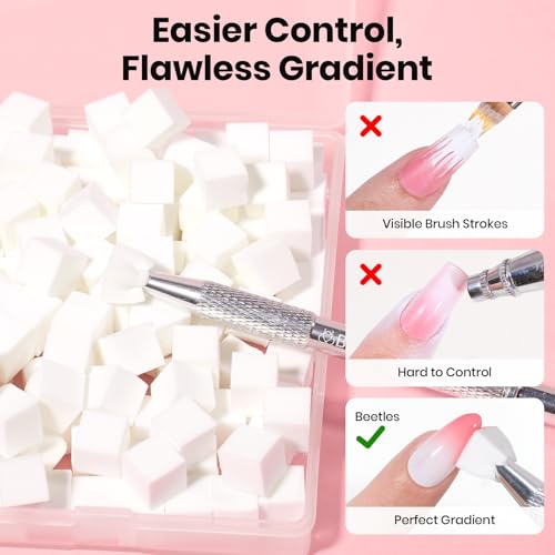 Image of Beetles 150Pcs Soft Nail Sponges for Ombre, White Nail Sponge with Grabbing Pen, Pink Pat Painting Gel Polish Kit for Gradient Ombre Blush Chrome Design Nails Art Tools, Home DIY Salon Manicure