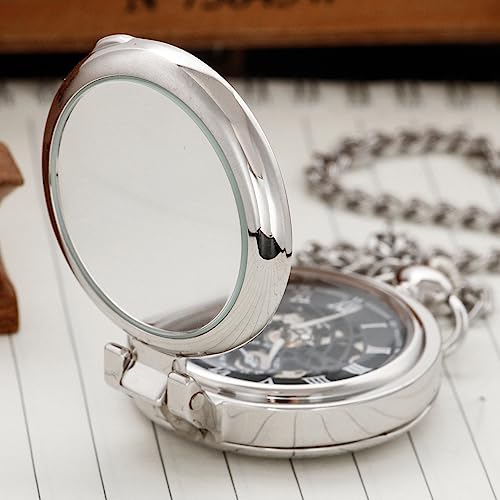 Image of Transparent Cover Mechanical Pocket Watch for Men Vintage Skeleton Dial Clock Hand Wind Male Fob Chain Watches(Silver)
