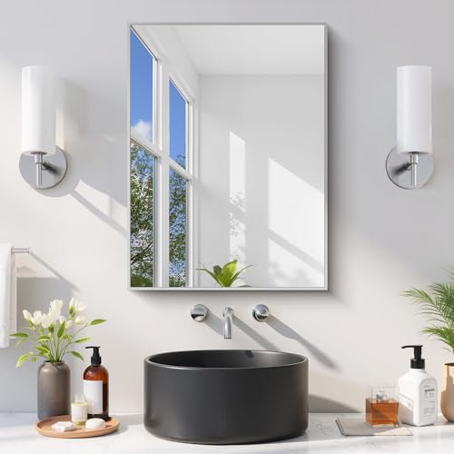 Image of COFENY Silver Bathroom Mirror for Wall, 18x24 Inch Rectangle Mirror with Metal Frame, Modern Vanity Mirrors for Bathroom Living Room, Entryway Hangs Horizontal or Vertical