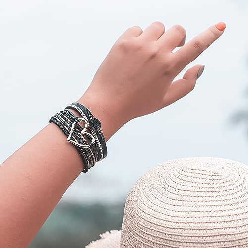 FANCY SHINY Heart Leather Wrap Bracelets Stackable Boho Cuff Bangles Trendy Resin Stone Rhinestone Bracelets with Magnetic Clasp for Women Mother Gift Jewelry2