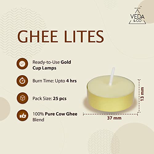 Image of Welburn Veda&Co Ghee Tealight Candles - Pack of 25, Upto 4 Hours Burning Time, Pure Cow Ghee Diya for Puja in Beautiful Gold Color Cup, Candles for Home Decor, Pooja, Home, Temple (Pack of 25)