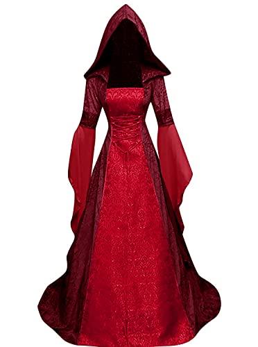 BITSEACOCO Deluxe Witch Dress Costume for Women, Vintage Embroidered Renaissance Victorian Gothic Hooded Vampire Gown Dress Cosplay (Red, XXL)