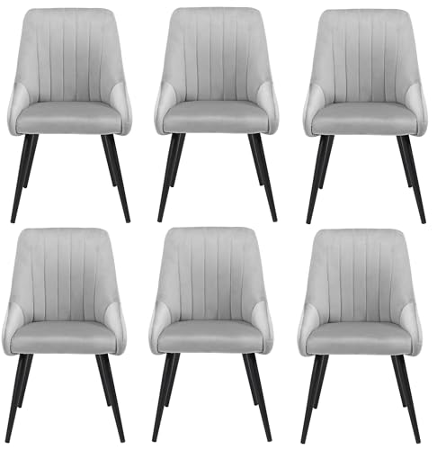 Image of Finch Fox Morris Velvet Dining Chair for Living Room, Bedroom, Home Office with Black Metal Legs in Light Grey Color (Set of 6)