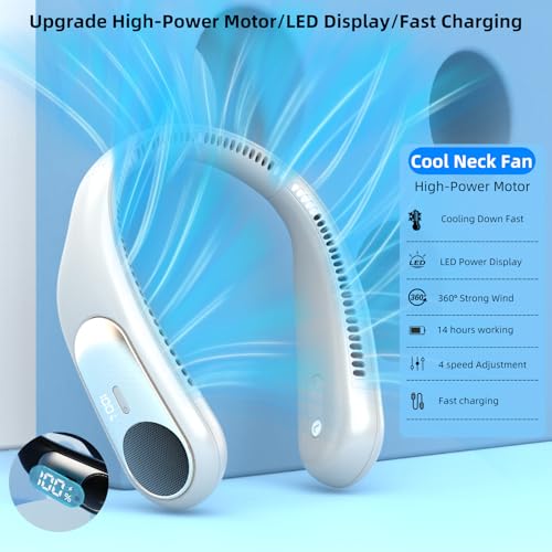 Image of Portable Neck Fan, Personal Wearable Bladeless Fan for Outdoor Indoor, LED Display, 360 Cooling, 4-Speeds, 6000mAh USB Rechargeable, Birthday Gifts for Men Women Dad Mom (off-white)