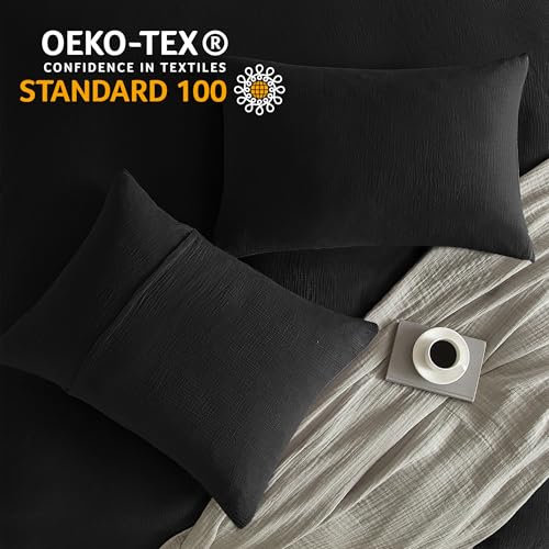SE SOFTEXLY Muslin Duvet Cover Queen Size, 100% Washed Cotton Duvet Cover Set, Ultra Soft Comforter Cover Linen Like, 3 Pieces Minimalist Gauze Duvet Cover with 2 Pillowcases, 90"x90", Black