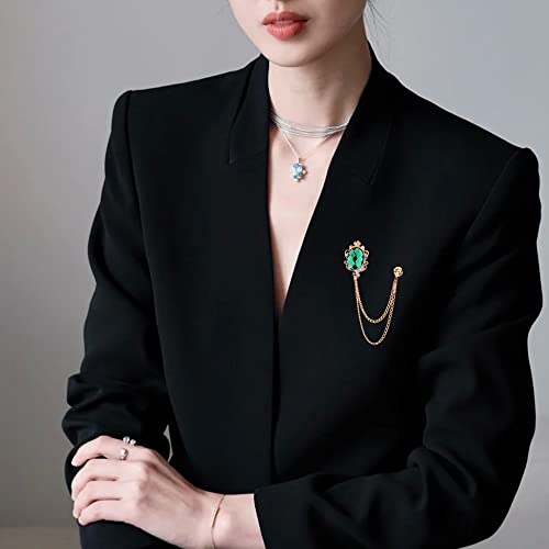 Image of Vintage Gemstone Chain Brooch Pin,Rhinestone Long Chain Tassel Suit Pin Zircon Oval Gem Lapel Pin Jewelry for Women Men